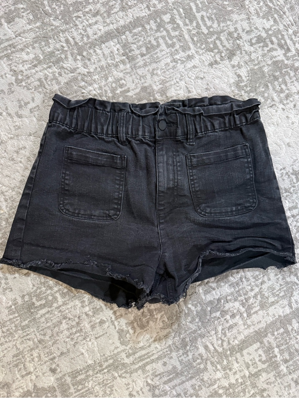 High-Rise Black Paperbag Denim Shorts with Frayed Hem